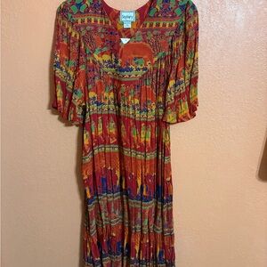 Beautiful Orange and Red Vintage Maxi Sundress with Puff Sleeves